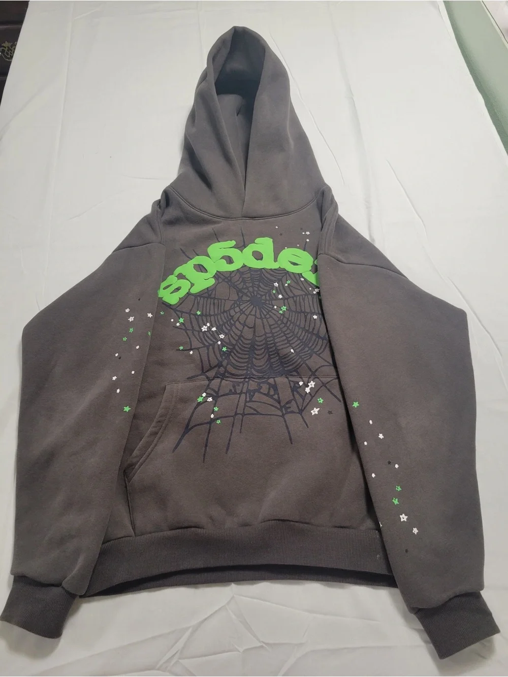 Kids Gray Hoodie with Neon Green Spider Web Graphic